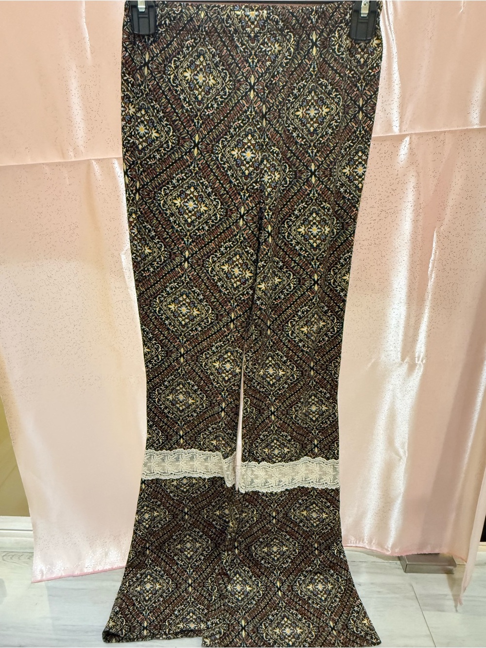 Xhilaration Brown Printed Flare Pants with Lace Trim